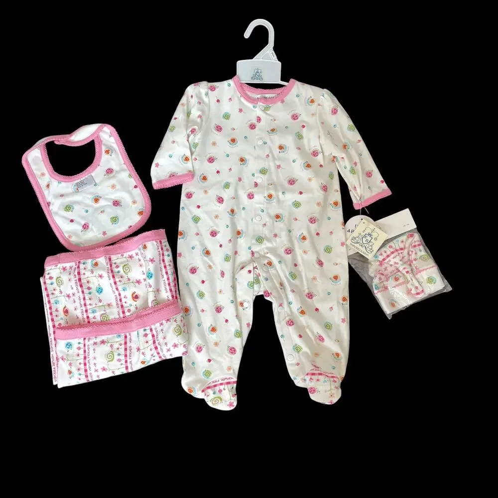 Emporio Baby Girl 4 Piece Set Footed One Piece w/ Swaddle Blanket Bib Pink NOS